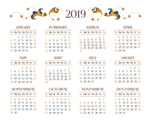 Fototapeta na wymiar Vector calendar grid for 2019 on white background