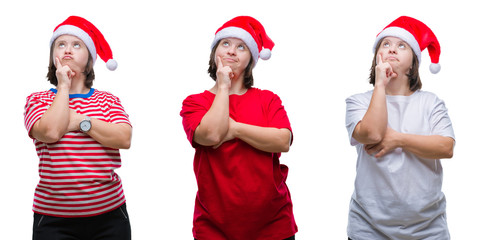 Collage of down sydrome woman wearing christmas hat over isolated background with hand on chin thinking about question, pensive expression. Smiling with thoughtful face. Doubt concept.