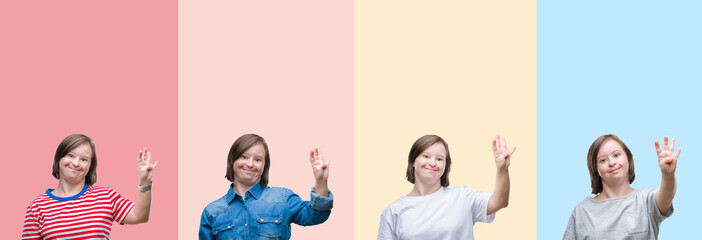 Collage of down syndrome woman over colorful stripes isolated background showing and pointing up with fingers number four while smiling confident and happy.