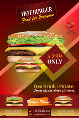 Grunge Cover for Fast Food with realistic burger. Restaurant Fast Foods menu burger on geometric shapes background. Vector eps 10. To see similar, please VISIT MY PORTFOLIO.