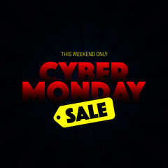 Cool Cyber monday print red gradient text sale this weekend only. Vector square banner on dark blue gradient background with rays.