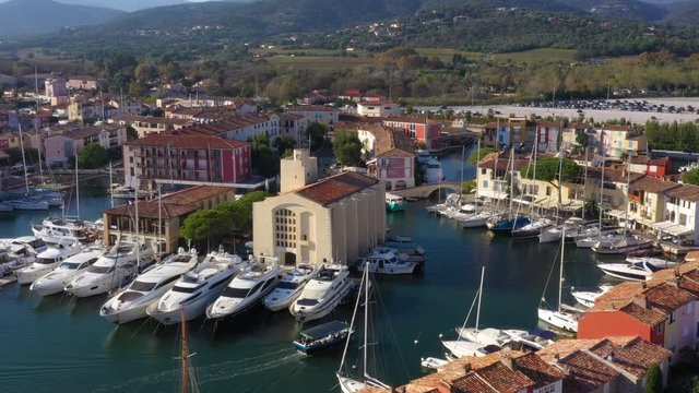 France, Var, Gulf of St Tropez, Port Grimaud, marina in the lakeside city (aerial view),