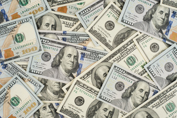 Dollars background, hundred USA dollar banknote bills, many American cash money.