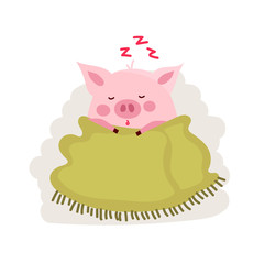 Cute cartoon pig covered by blanket isolated on white