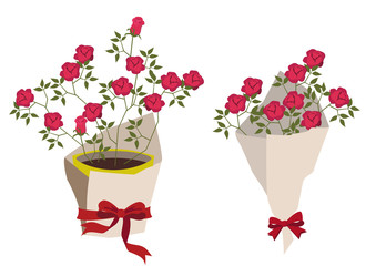 バラの花のクリップアート。 バラの花のデザイン素材。 赤いバラのプレゼントのイラスト。 バラの花のブーケ。