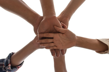 under view friendship People partnership teamwork  stacking hands on white background , Business  teamwork concept