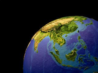 Satellite view of Asia on Earth with country borders. Extremely detailed plastic planet surface and blue oceans with waves.