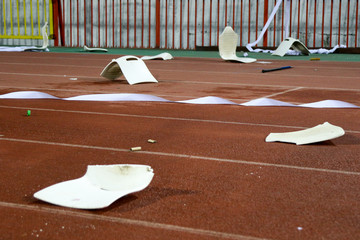 ripped chairs on soccer stadium