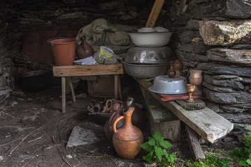 Georgian traditional jugs pitchers pelvis pots bucket in a shed