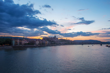 Fototapeta na wymiar Panorama of Budapest - Danube river. Sunset