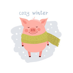 Obraz na płótnie Canvas Cute cartoon pig wearing in the scarf isolated on white
