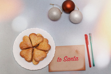  Christmas postcard with colored bokeh, toys and text