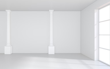 Window in white room with a bright light. 3D rendering.