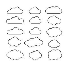 Set of blue sky, clouds. Cloud icon, cloud shape. Set of different clouds. Collection of cloud icon, shape, label, symbol. Graphic element vector. Vector design element for logo, web and print.