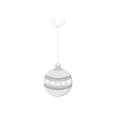 Hanging christmas bauble on string vector illustration icon. Ball ornament in silver, grey shades. Festive traditional seasonal decoration.