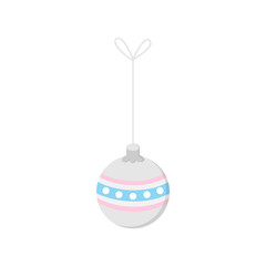 Hanging christmas bauble on string vector illustration icon. Ball ornament in silver, grey, blue and pink colors. Festive traditional seasonal decoration.