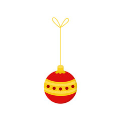 Hanging christmas bauble on string vector illustration icon. Ball ornament in yellow, gold and red colors. Festive traditional seasonal decoration.
