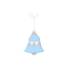 Hanging christmas bell on string vector illustration icon. Bell ornament in silver, grey, and blue colors. Festive traditional seasonal decoration.