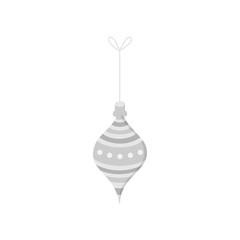 Hanging christmas bauble on string vector illustration icon. Drop ornament in silver, grey shades. Festive traditional seasonal decoration.