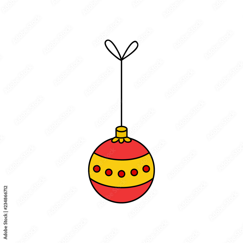 Wall mural Hanging christmas bauble on string vector outlined illustration icon. Ball ornament in yellow, gold and red colors. Festive traditional seasonal decoration.