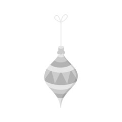 Hanging christmas bauble on string vector illustration icon. Drop ornament in silver, grey shades. Festive traditional seasonal decoration.