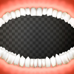 Open human mouth with jaws full of teeth in pink gums on transparent background