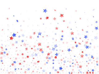 Flying red blue white star sparkles on white vector american patriotic background.