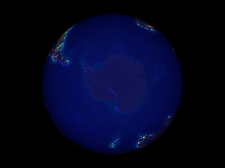 Antarctica on planet Earth at night from space. 3D illustration isolated on white background.
