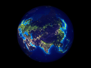 Asia on planet Earth at night from space. 3D illustration isolated on white background.