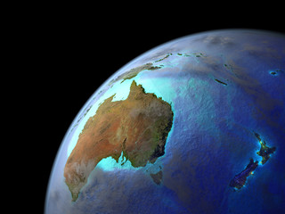 Australia on Earth from space. Very fine detail of planet surface, realistic clouds and very bright city lights.