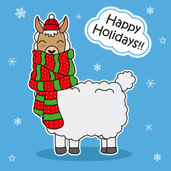 cute llama with scarf and hat