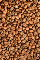 Roasted brown coffee beans pattern, background, top view