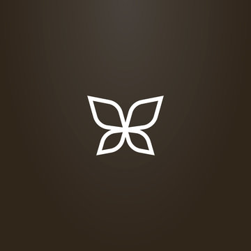 white sign on a black background. vector outline sign of line art butterfly wings