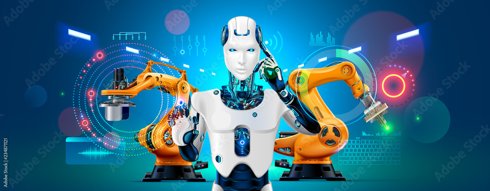 Poster Industry 4.0 concept banner. Robot with AI control production line on smart factory. Cybernetic Artificial intelligence automates the production process and communications with robotics arms.