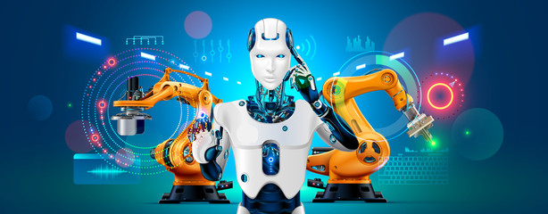 Industry 4.0 concept banner. Robot with AI control production line on smart factory. Cybernetic Artificial intelligence automates the production process and communications with robotics arms. - obrazy, fototapety, plakaty