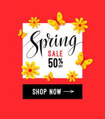 Obraz na płótnie Canvas Spring sale banner for online marketing. Calligraphy letterng typography, abstract flowers and butterflies. Vector illustration. EPS 10