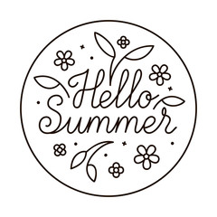 Hello summer logo in flat style with flowers, leaves and geometric shapes. Circle nature icon. Black and white graphic floral design element in minimal modern style. Vector illustration. EPS 10