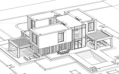 3d rendering sketch of modern cozy house by the river with garage for sale or rent. Black line sketch with soft light shadows on white background