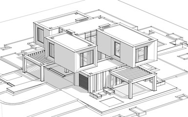 3d rendering sketch of modern cozy house by the river with garage for sale or rent. Black line sketch with soft light shadows on white background