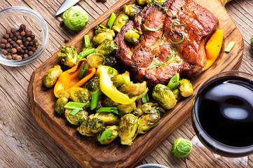 Dinner with steaks and red wine