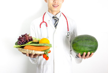 Doctor holding tray with heart healthy foods and watermelon ,which check a healthy eating ,workout and fitness dieting ,fitness and weight loss concept