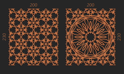Laser cutting set. Woodcut vector trellis panels. Plywood lasercut floral design. Hexagonal seamless patterns for printing, engraving, paper cut. Stencil lattice ornaments.