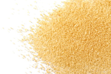 Brown cane sugar pile isolated on white background and texture, top view