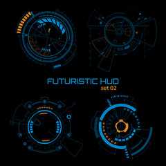 Set of sci fi futuristic user interfaces on dark background. Vector illustration.