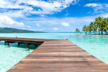 travel, seascape and nature concept - wooden pier on tropical beach in french polynesia