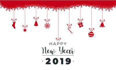 Merry Christmas and happy new year banner with Christmas decoration: red ornaments, gift box, snow flakes and star on white background. Xmas holiday greeting card.