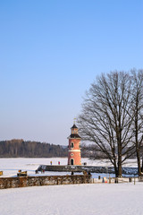 Sachsens einziger Binnenleuchtturm am Großteich Moritzburg, Sachsen, Deutschland, Europa,...