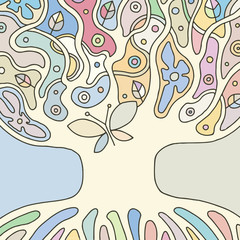 Vector colorful hand drawn illustration of psychedelic abstract tree, flowers, leaves, dots, background Decorative artistic creative picture, line drawing. Picture for coloring