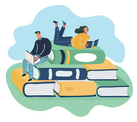 Man and woman sitting on stack books and reading.