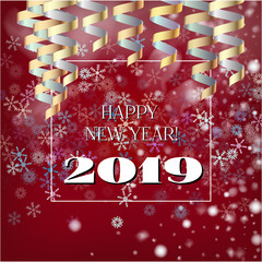 Naklejka premium 2019 New Year, Christmas Vector Card with Snow on Red. Heavy Snowfall, Snowflakes Square Gift Voucher or Celebration Background. Holiday Decoration Template. Cool 2019 New Year Card on Red.